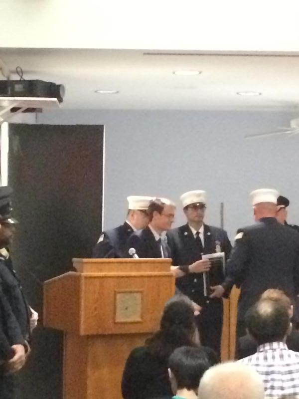 Assistant Chief Werner accepting department citation from Town Supervisor Andy Stewart, 10/13/2015