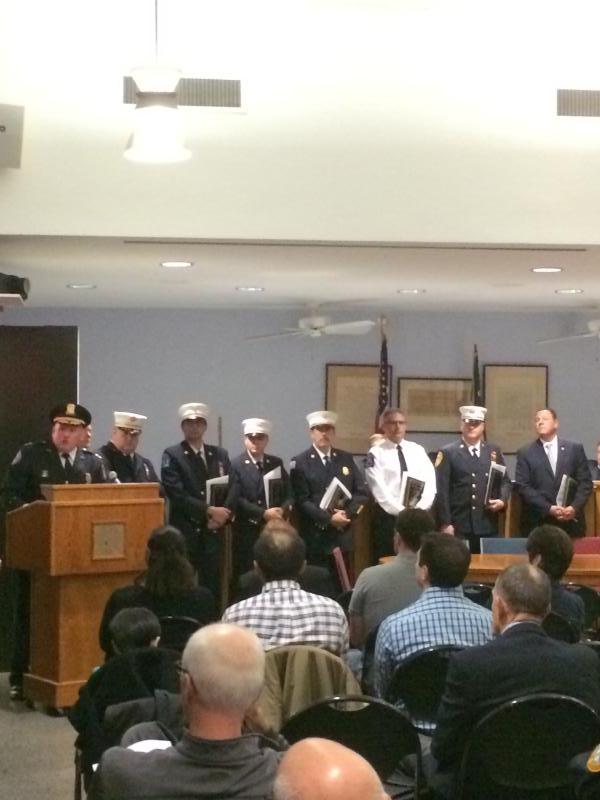 Chiefs from multiple departments/agencies with their respective unit citations awarded from Town Hall after fire at Cortwood Village (Dept. 11), 10/13/2015